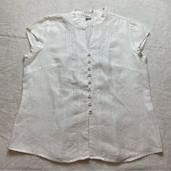 Susan Bristol 100% Linen Cap Sleeve Embroidered Buttoned Blouse Size Large - Picture 1 of 12